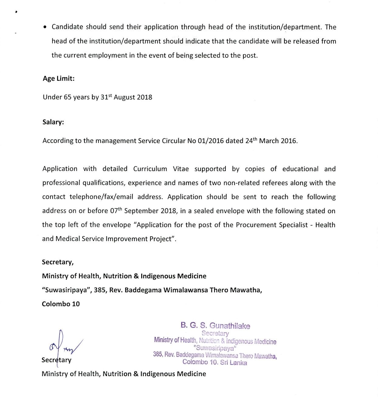 Procurement Specialist - Ministry of Health, Nutrition & Indigenous Medicine
